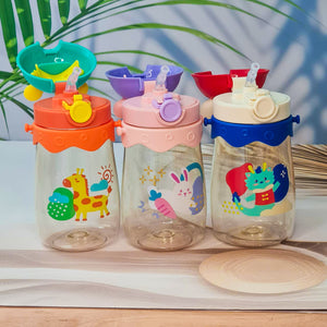 Set of three colorful kids water bottles with cute animal prints, featuring bunny, giraffe, and dragon designs. Each bottle includes a playful lid with 3D cartoon ears and comes with a matching strap for easy carrying. These BPA-free, leak-proof bottles are ideal for school, travel, and outdoor use—perfect addition to kids stationery and daily essentials