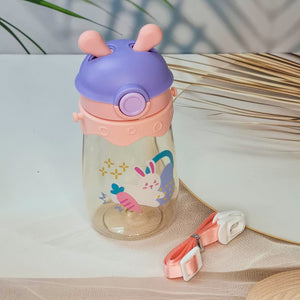 Set of three colorful kids water bottles with cute animal prints, featuring bunny, giraffe, and dragon designs. Each bottle includes a playful lid with 3D cartoon ears and comes with a matching strap for easy carrying. These BPA-free, leak-proof bottles are ideal for school, travel, and outdoor use—perfect addition to kids stationery and daily essentials