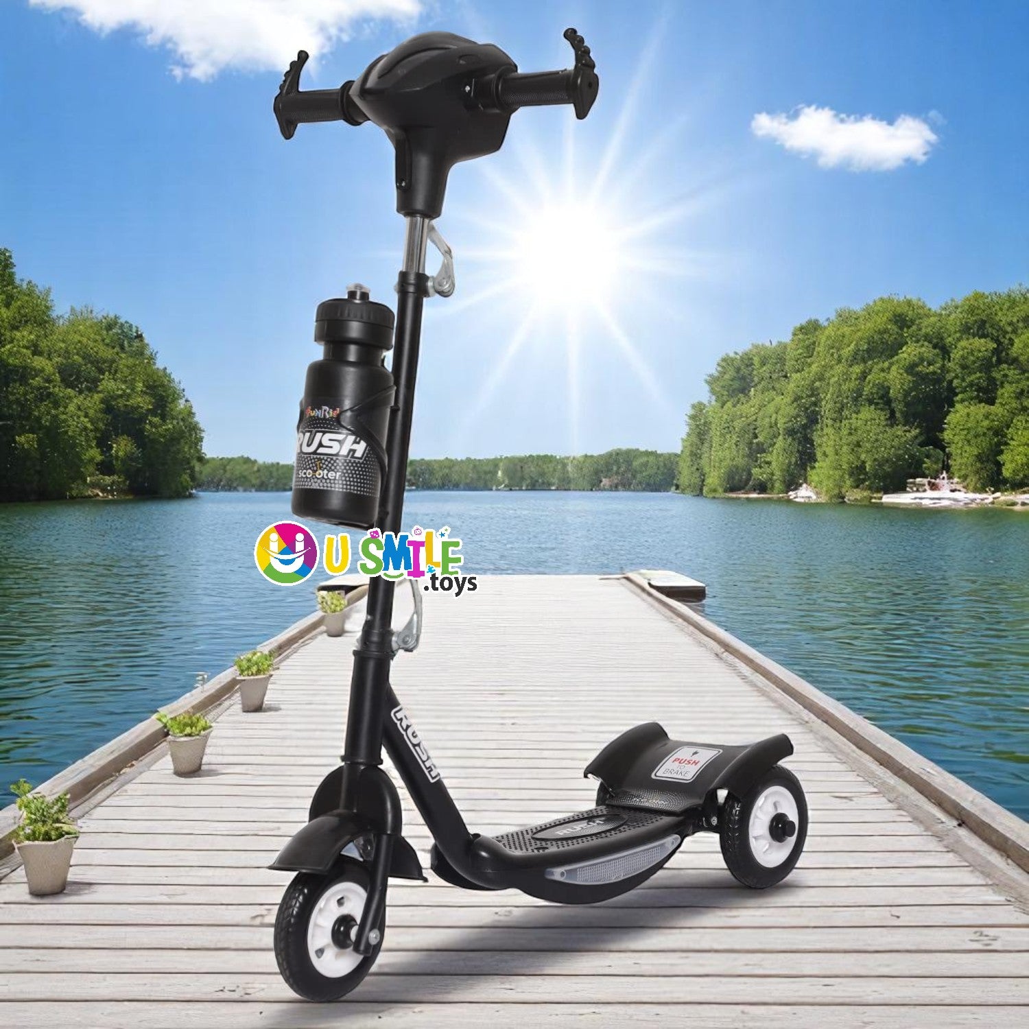 Black Fun Ride Kids Kick Scooter Rush DX with a water bottle holder, lights on wheels, and U Smile Toys branding on a grassy field www.usmile.com