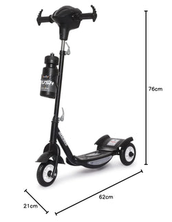 Black Fun Ride Kids Kick Scooter Rush DX with a water bottle holder, lights on wheels, and U Smile Toys branding on a grassy field www.usmile.com