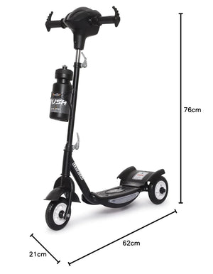 Black Fun Ride Kids Kick Scooter Rush DX with a water bottle holder, lights on wheels, and U Smile Toys branding on a grassy field www.usmile.com