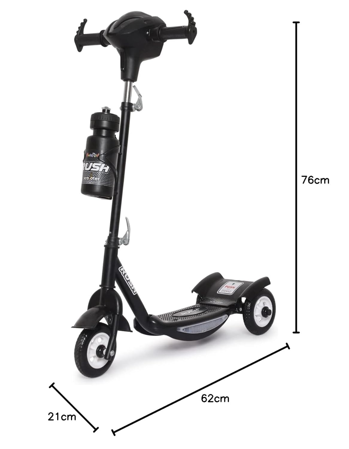 Black Fun Ride Kids Kick Scooter Rush DX with a water bottle holder, lights on wheels, and U Smile Toys branding on a grassy field www.usmile.com