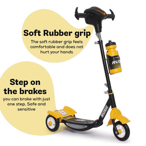 U Smile Toys durable black kick scooter for kids, featuring a stable 3-wheel design, front fender, and a "RUSH DX" logo