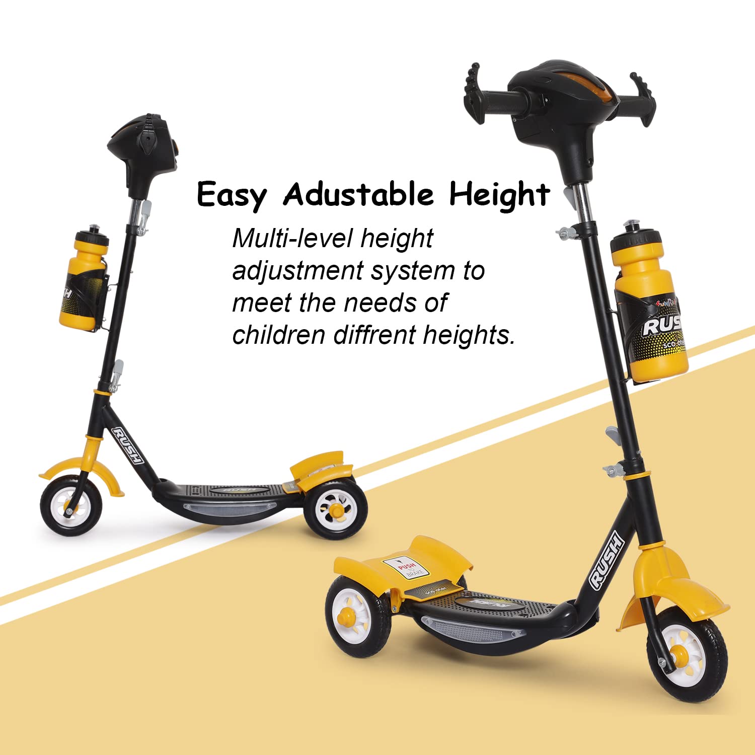 U Smile Toys durable black kick scooter for kids, featuring a stable 3-wheel design, front fender, and a "RUSH DX" logo www.usmile.com