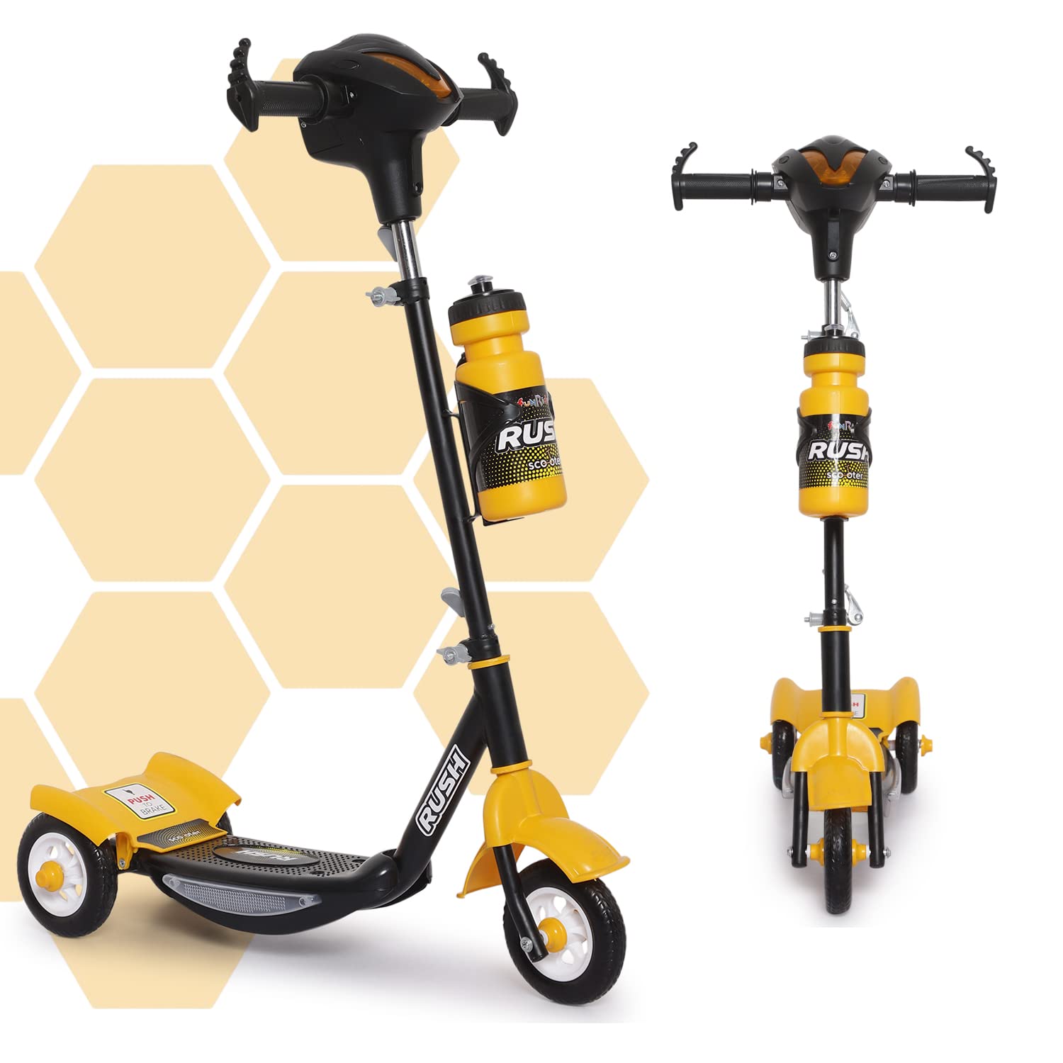 U Smile Toys durable black kick scooter for kids, featuring a stable 3-wheel design, front fender, and a "RUSH DX" logo www.usmile.com