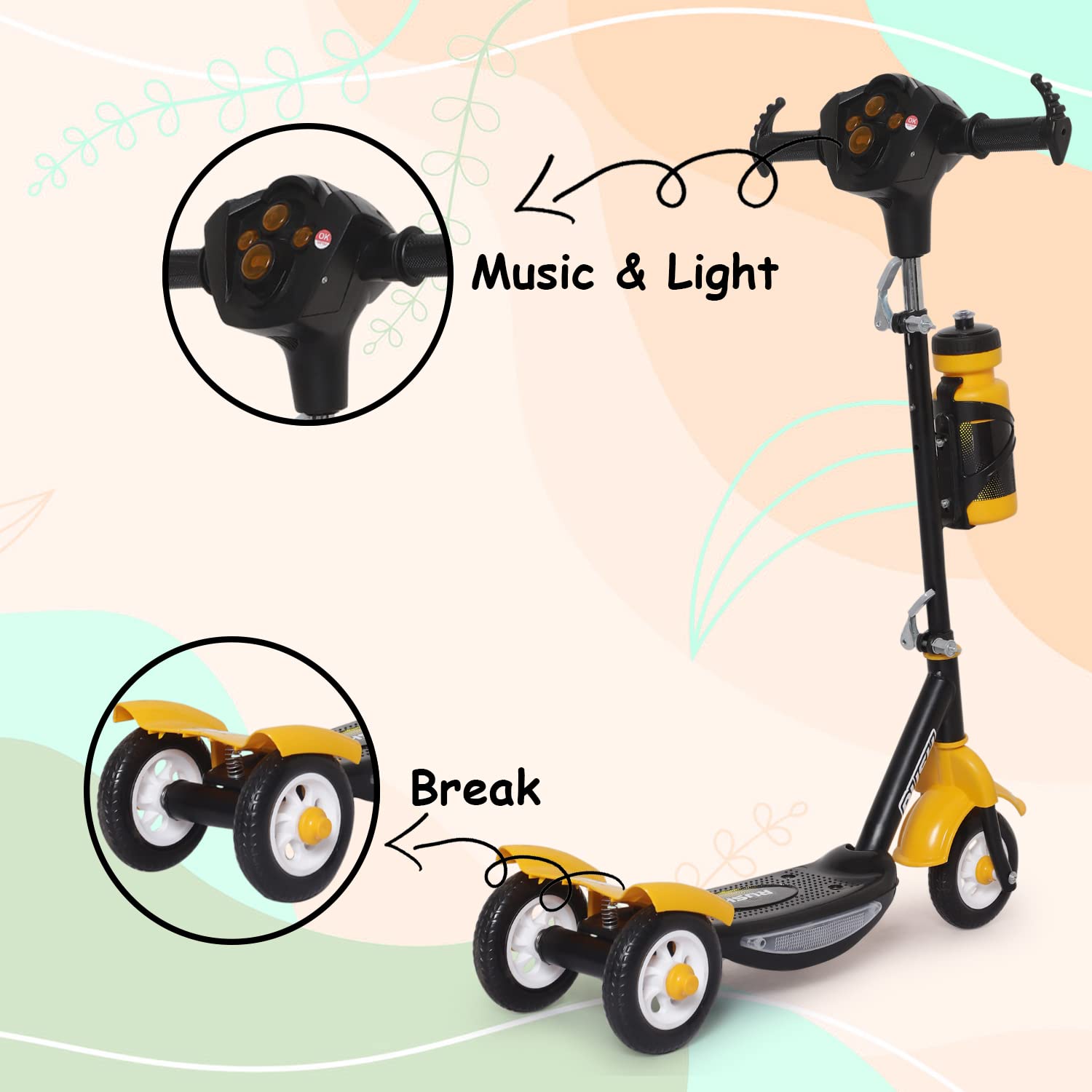 Children's Rush DX kick scooter in black with white wheels and a water bottle attachment, perfect for outdoor adventures and active play
 www.usmile.toys