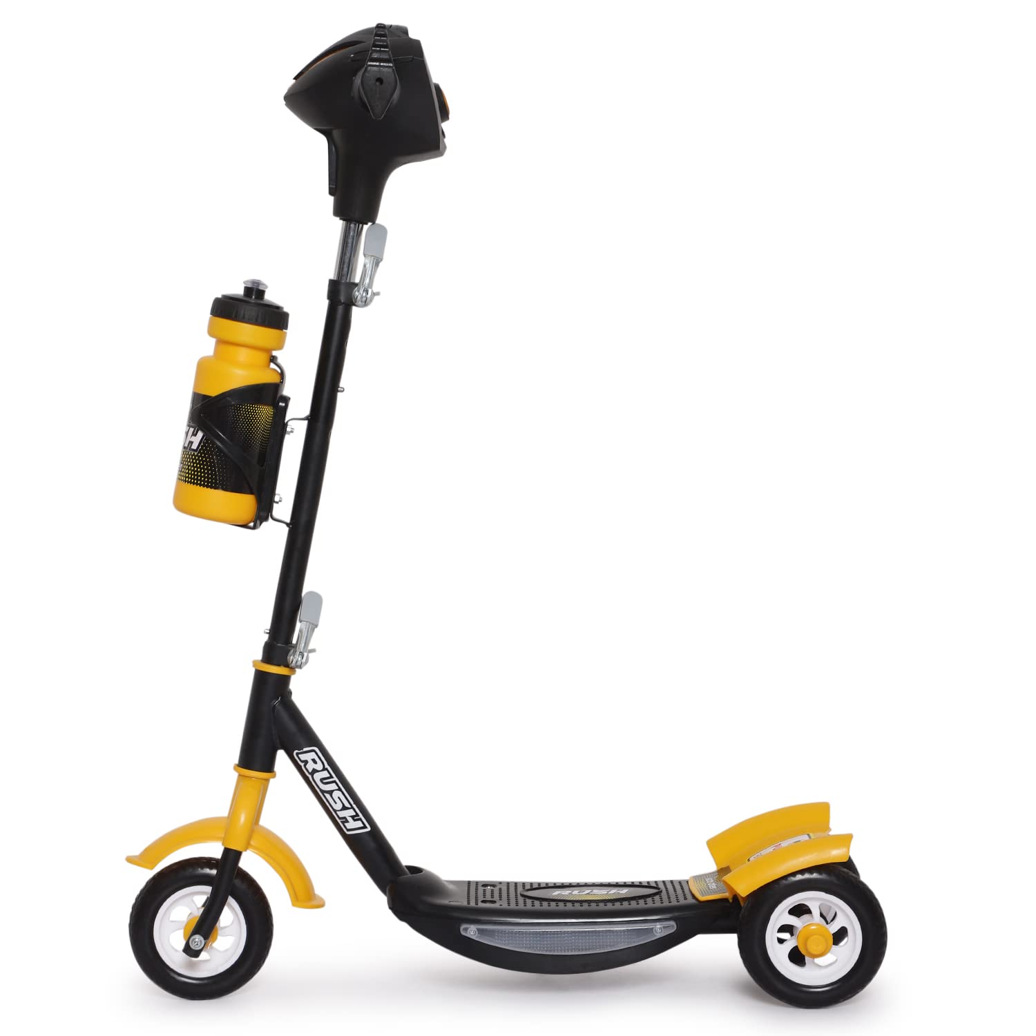 Children's Rush DX kick scooter in black with white wheels and a water bottle attachment, perfect for outdoor adventures and active play
 www.usmile.toys