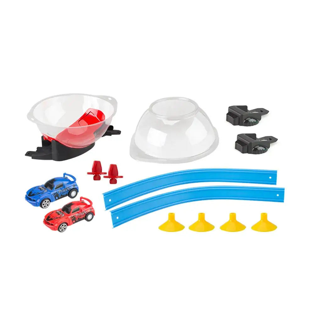 Kataria Globe Racing Super Stunt 360 Spinway Race Track playset. The box shows a transparent globe with cars, blue track pieces for creating a custom race track, and two included pull-back racers. Recommended for ages 3+ years, promoting imaginative play and fine motor skills. www.usmile.com