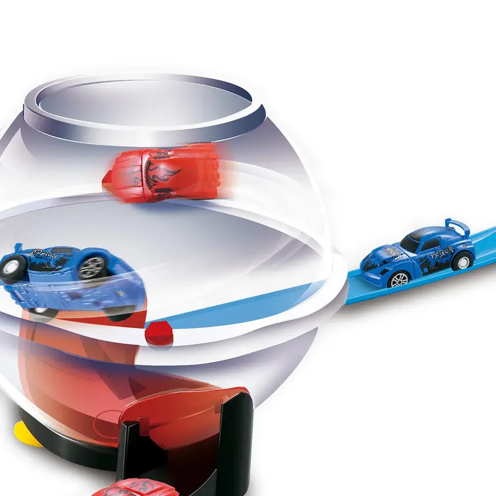 Exciting 360-degree spin race track toy for kids, allowing them to create their own custom race adventures with two pull-back cars. Perfect for developing creativity and hand-eye coordination in children aged 3 and up. www.usmile.com
