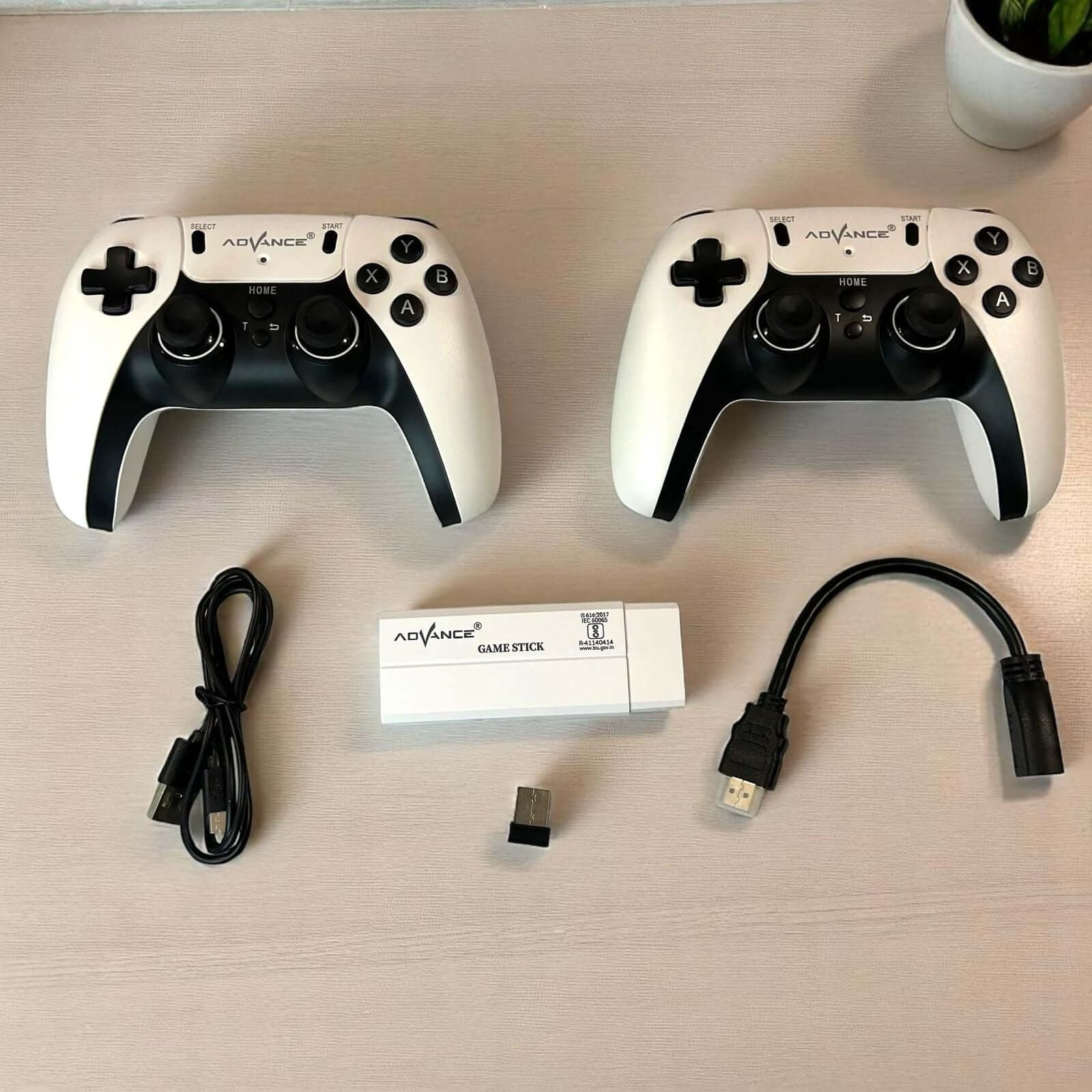 Advance AD-222 wireless game player with red HDMI stick and controller. www.usmile.com