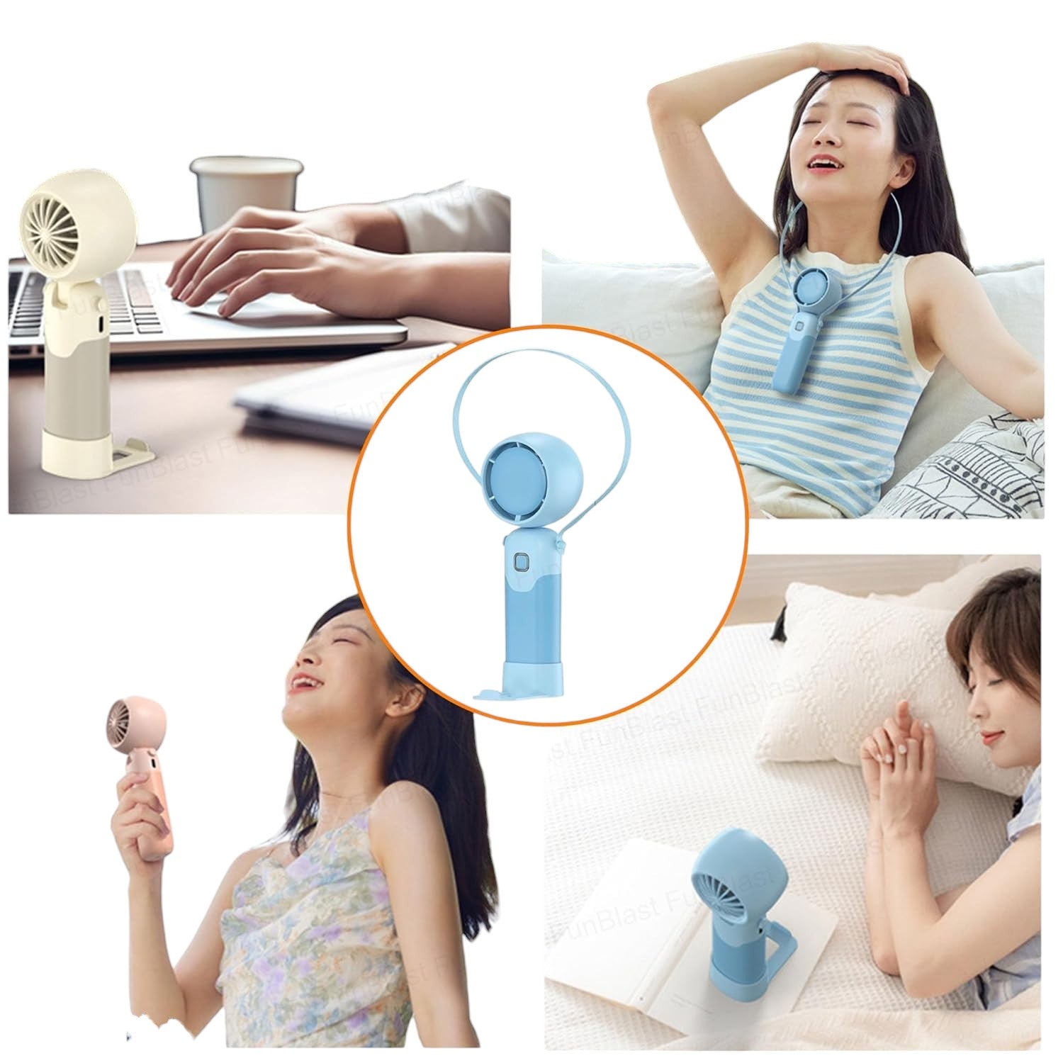 Colorful collection of portable bladeless mini fans for kids in pastel pink, green, blue with bear ears, and cream, designed with a child-safe bladeless head and single-button operation. These rechargeable USB fans are ideal for travel, school desks, or bedtime comfort, offering quiet and efficient cooling in a cute, compact design. Perfect return gift or utility item for children, available at U Smile Toys online store