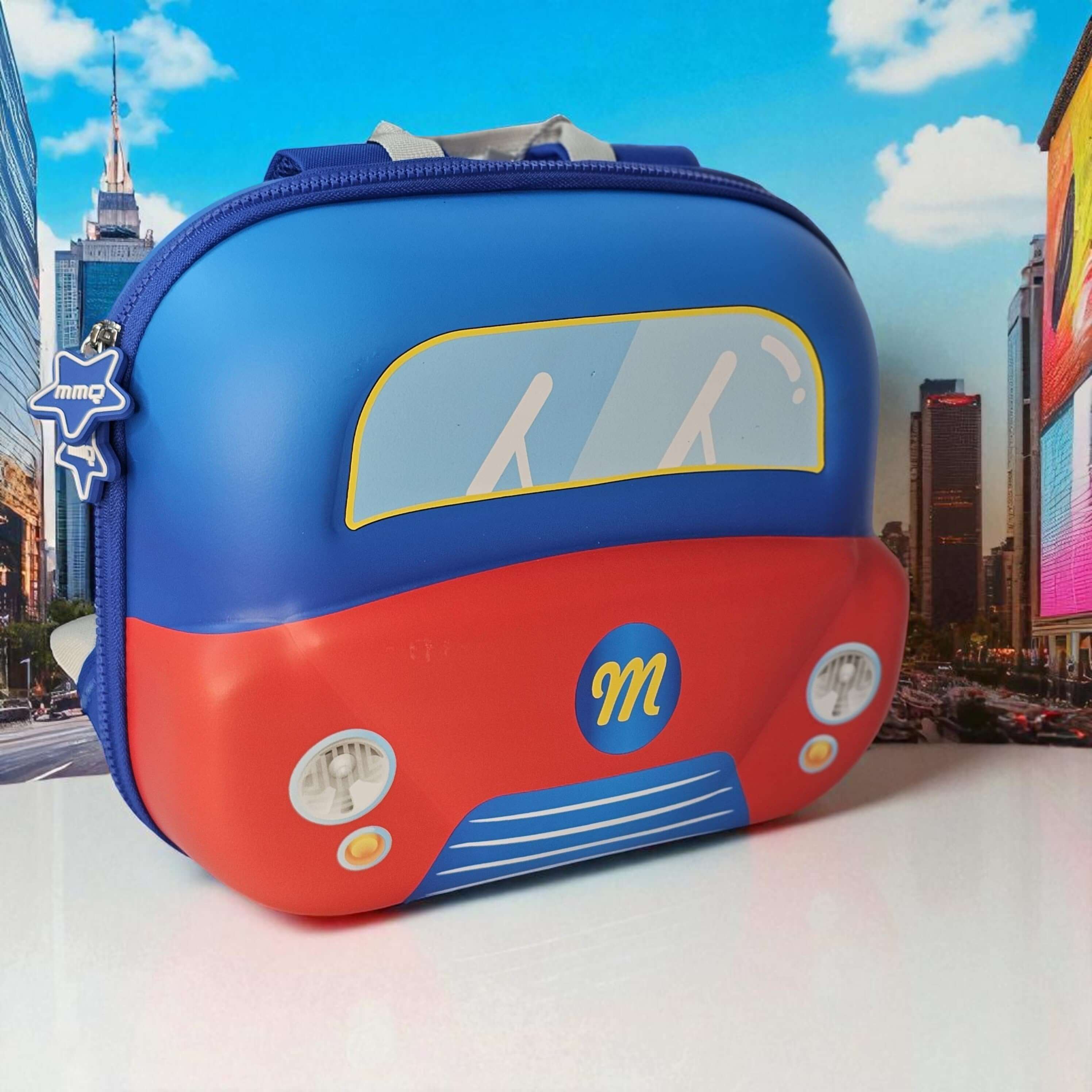 Colorful bus-shaped pouch with a cityscape background