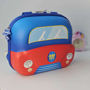 Children's toy bus-shaped pouch with blue top and red bottom on a white background