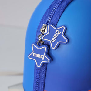 Blue bag with star-shaped zipper pulls featuring the 'mmq' logo.