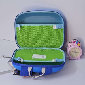 Blue and green open suitcase with a pink clock on a white background