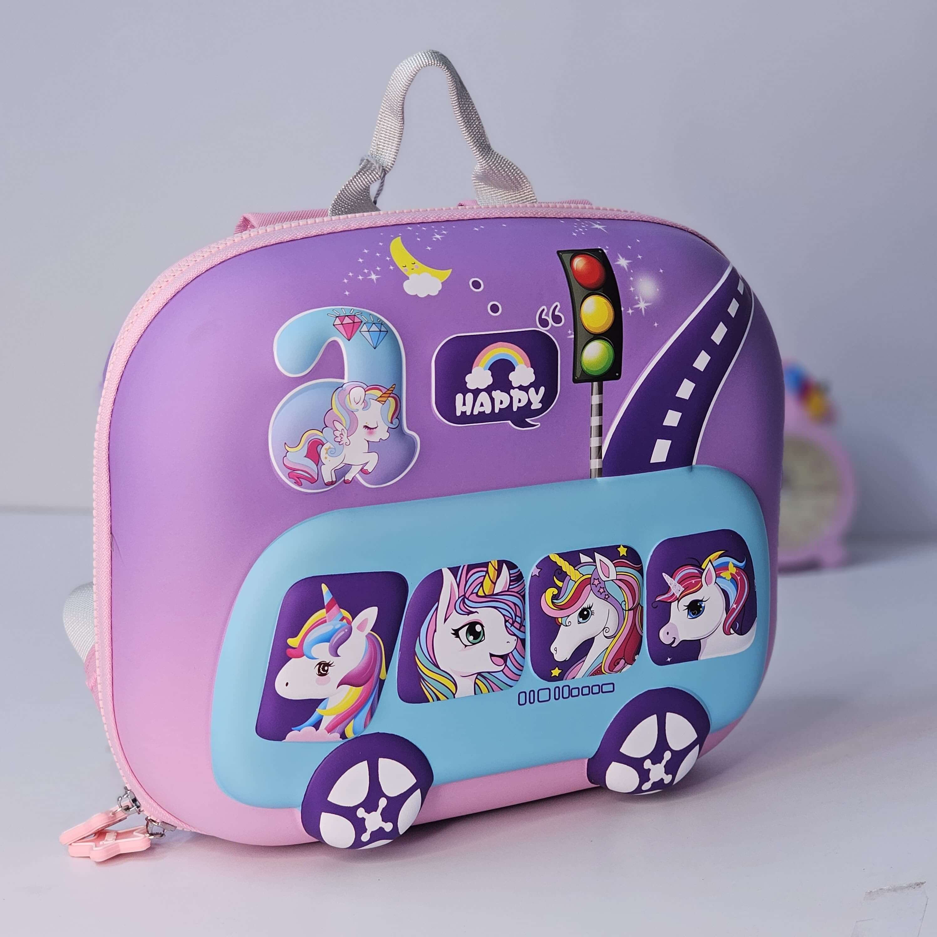 Children's backpack with unicorn design on a light gray background