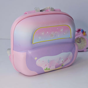 Pink and purple children's backpack with cartoon design on a white background