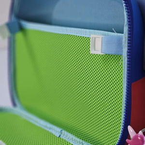 Close-up of a green mesh pocket with a blue zipper on a bag.