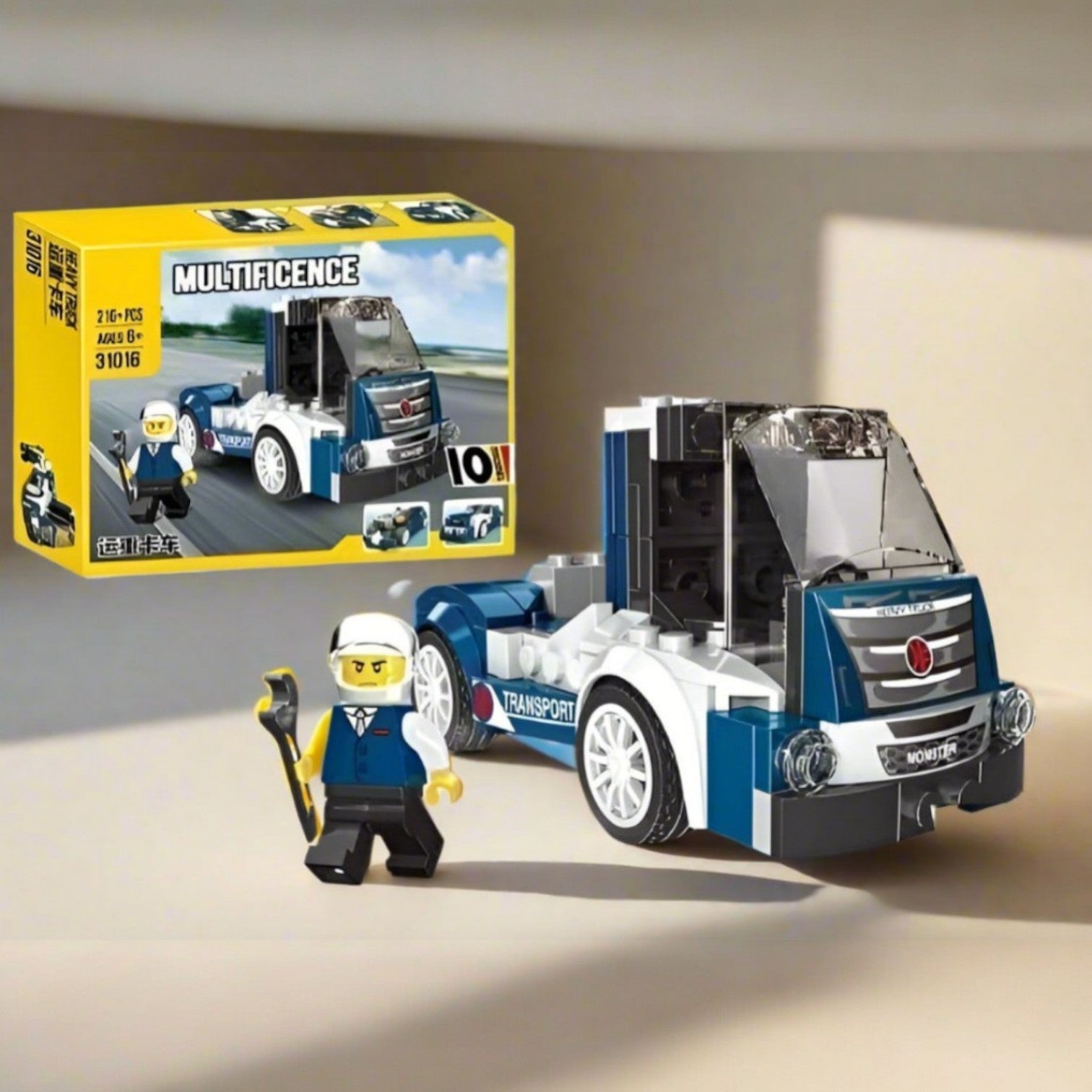Blue and white heavy truck building block toy by Usmile Toys, featuring a driver minifigure, presented with its yellow packaging, ideal as a birthday gift for kids." www.usmile.toys