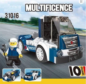 Blue and white heavy truck building block toy by Usmile Toys, featuring a driver minifigure, presented with its yellow packaging, ideal as a birthday gift for kids."www .usmile.toys