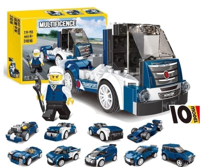 Blue and white heavy truck building block toy by Usmile Toys, featuring a driver minifigure, presented with its yellow packaging, ideal as a birthday gift for kids." www.usmile.toys
