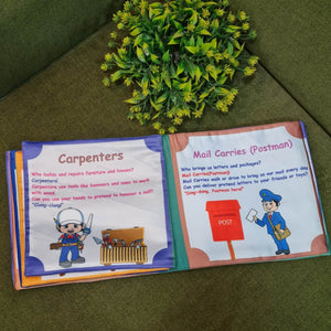 An open "Our Helping Heroes" fabric book by Kidogen, displaying pages about "Police Officers" and "Doctors and Nurses" with illustrations of community helpers and descriptive text.