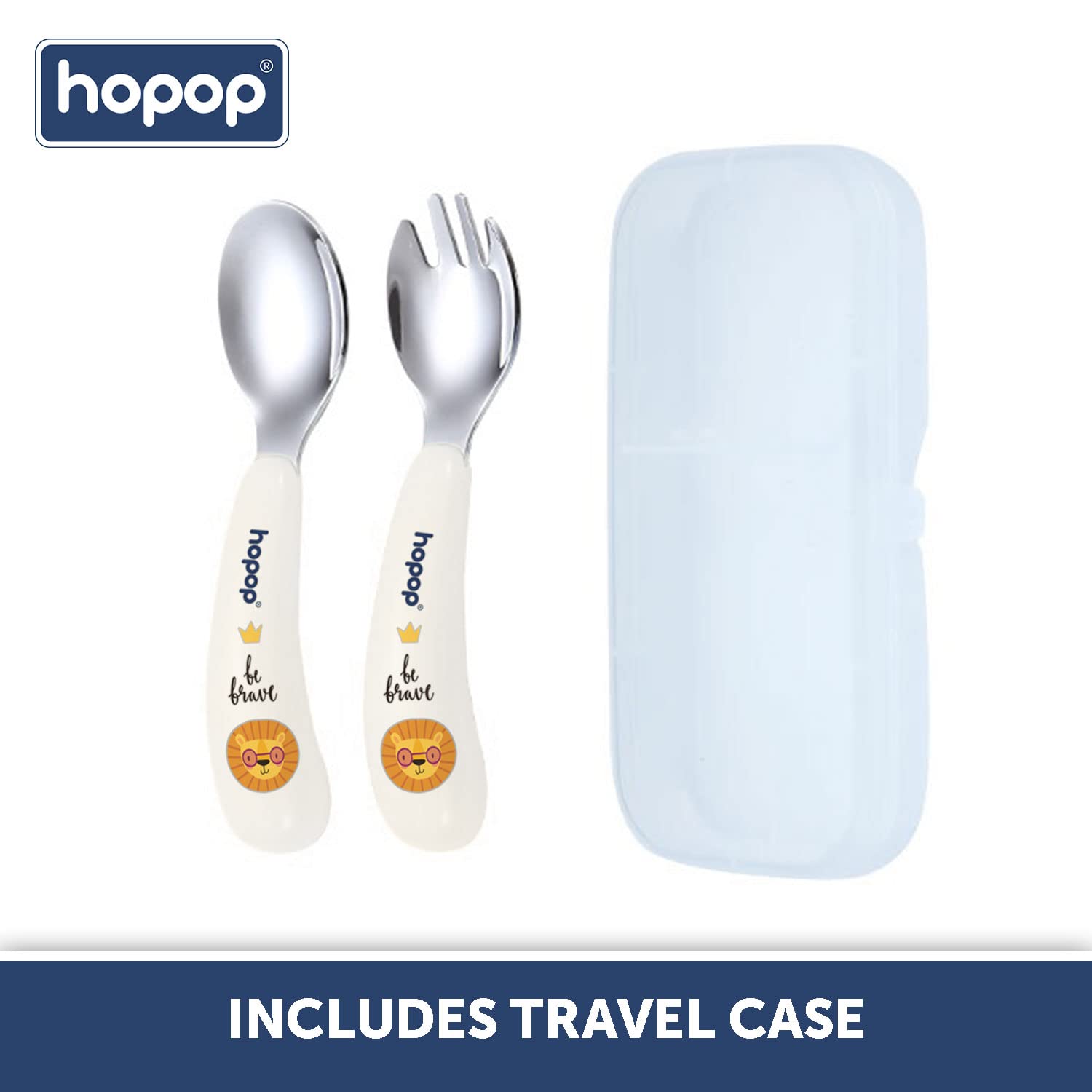 Hopop Stainless Steel Baby Feeding Spoon and Fork Set with Travel Case