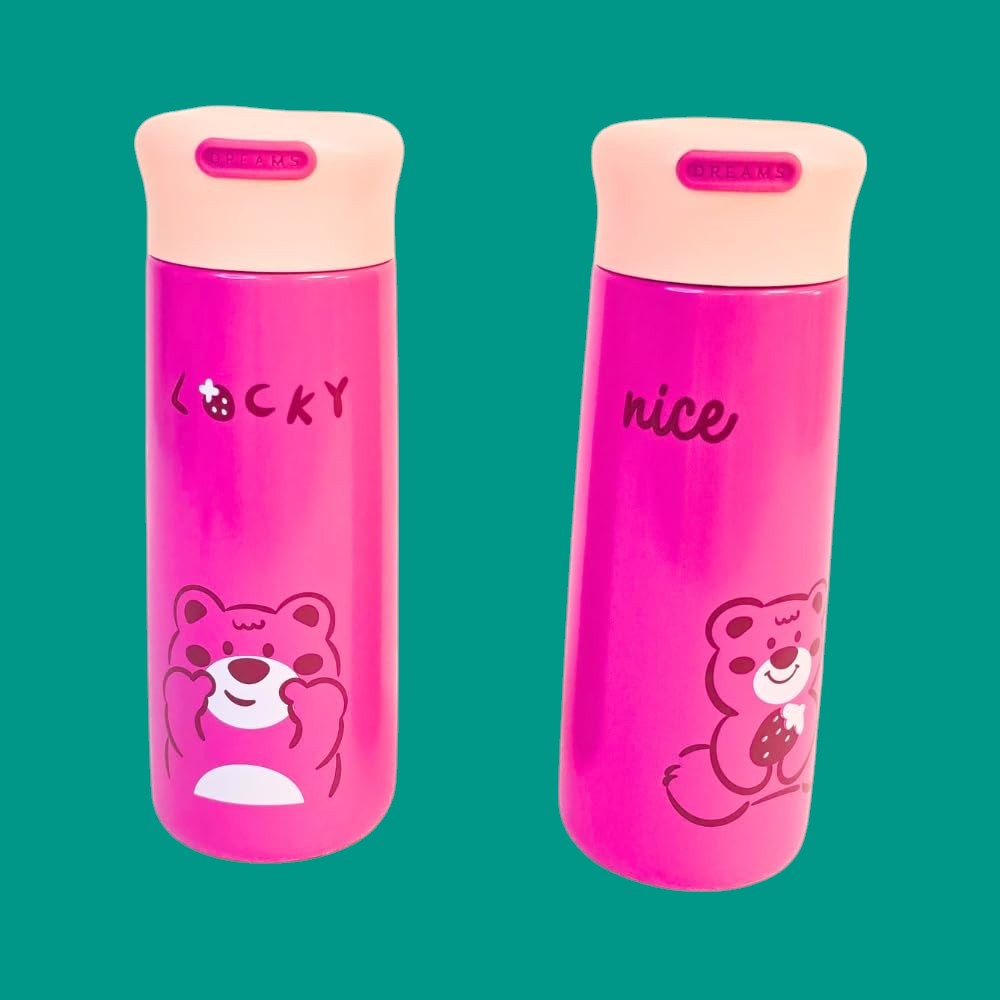 Two cute insulated stainless steel water bottles for kids with purple caps. One features 'nice' text with strawberry and bear head graphics, the other a large strawberry bear face. Perfect for keeping drinks hot or cold from uSmile.toys." www.usmile.toys
