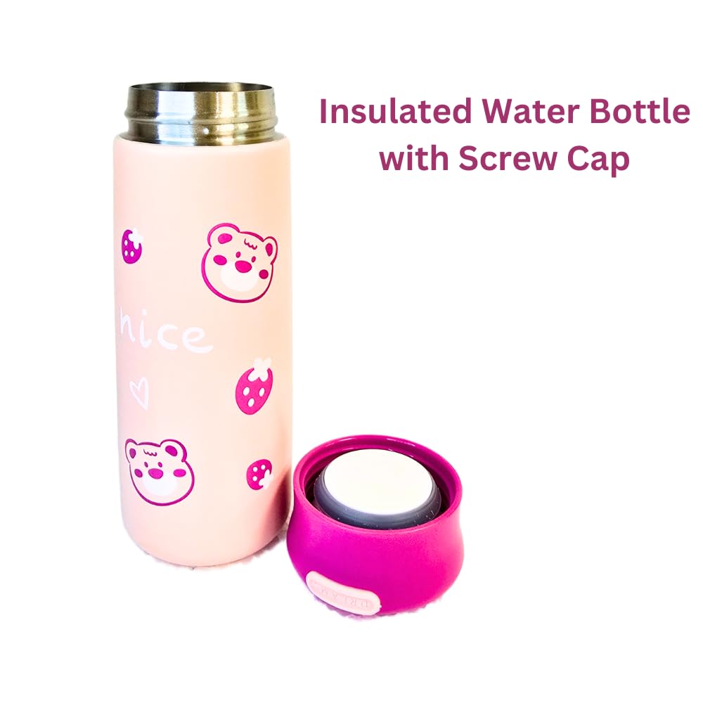 Two cute insulated stainless steel water bottles for kids with purple caps. One features 'nice' text with strawberry and bear head graphics, the other a large strawberry bear face. Perfect for keeping drinks hot or cold from uSmile.toys." www.usmile.toys