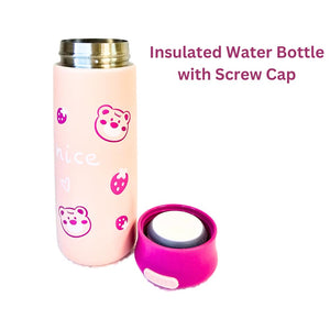 Two cute insulated stainless steel water bottles for kids with purple caps. One features 'nice' text with strawberry and bear head graphics, the other a large strawberry bear face. Perfect for keeping drinks hot or cold from uSmile.toys." www.usmile.toys