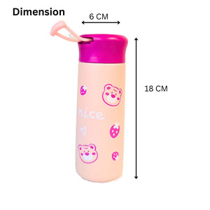 Two cute insulated stainless steel water bottles for kids with purple caps. One features 'nice' text with strawberry and bear head graphics, the other a large strawberry bear face. Perfect for keeping drinks hot or cold from uSmile.toys." www.usmile.toys