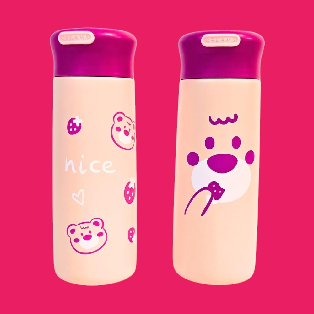 Two cute insulated stainless steel water bottles for kids with purple caps. One features 'nice' text with strawberry and bear head graphics, the other a large strawberry bear face. Perfect for keeping drinks hot or cold from uSmile.toys." www.usmile.toys