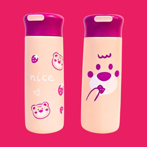 Two cute insulated stainless steel water bottles for kids with purple caps. One features 'nice' text with strawberry and bear head graphics, the other a large strawberry bear face. Perfect for keeping drinks hot or cold from uSmile.toys." www.usmile.toys