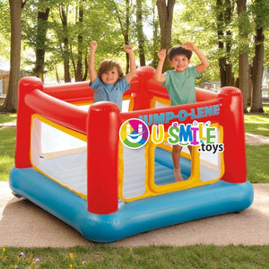 Two happy children jumping in a red and blue inflatable Jump-O-Lene baby ball pit playhouse set up outdoors, perfect for active fun and safe play for toddlers and kids from Usmile Toys.www.usmile.toys