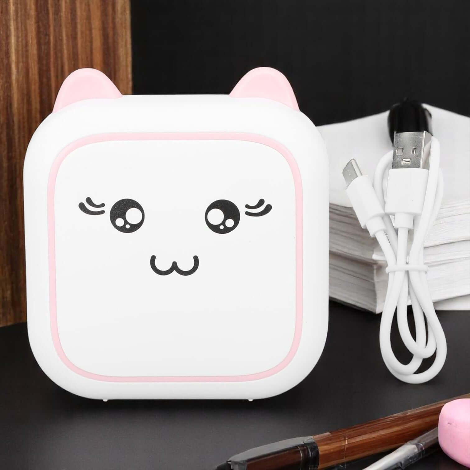 White mini inkless portable printer with cute cat face design and blue accents for kids www.usmile.toys