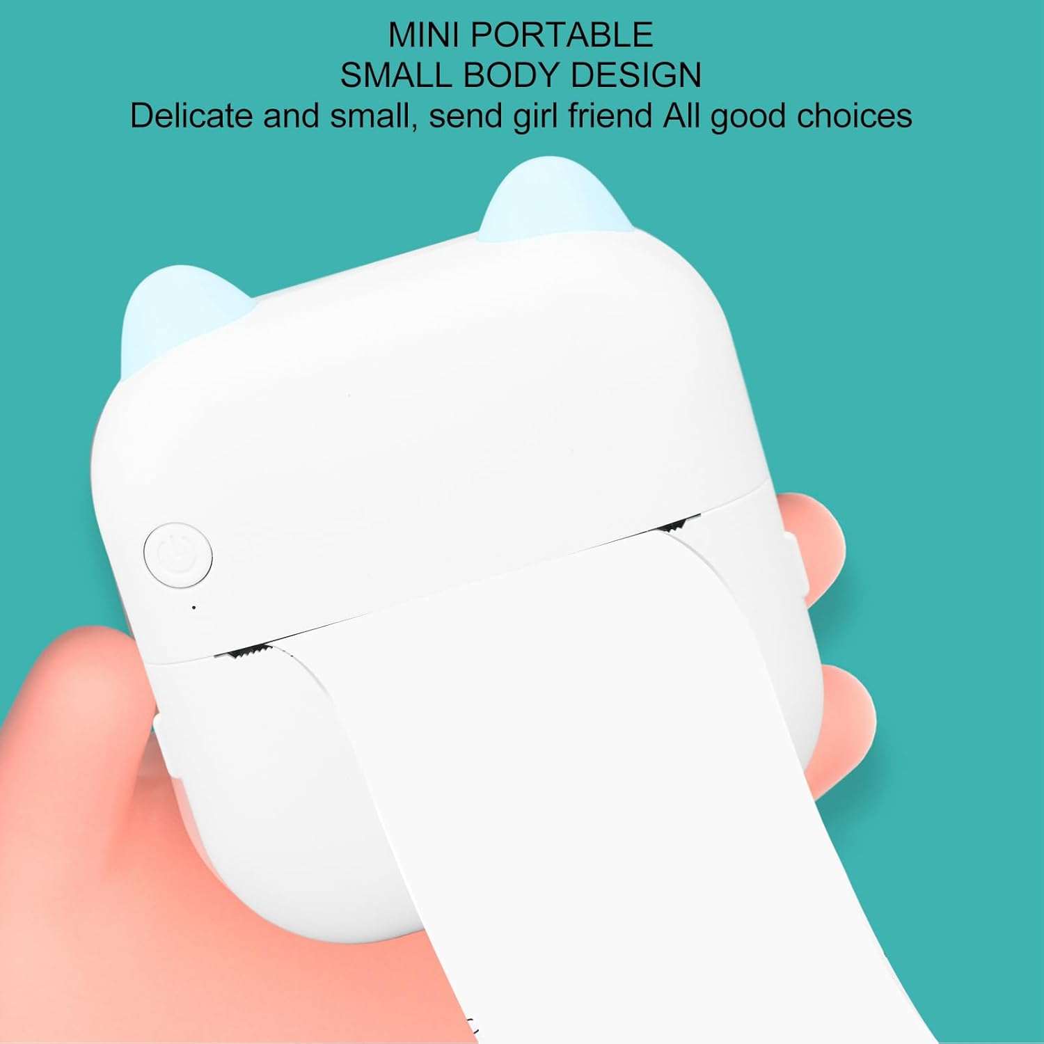 White mini portable inkless printer with blue ears, perfect for kids www.usmile.toys