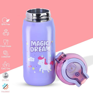 "Keep drinks perfectly warm or cool with this anti-leak insulated stainless steel sipper bottle for kids, adorned with an enchanting 'Magic Dream' unicorn design. Ideal for school and travel from uSmile.toys."
