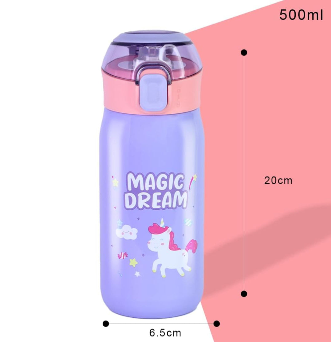"Keep drinks perfectly warm or cool with this anti-leak insulated stainless steel sipper bottle for kids, adorned with an enchanting 'Magic Dream' unicorn design. Ideal for school and travel from uSmile.toys." www.usmile.toys