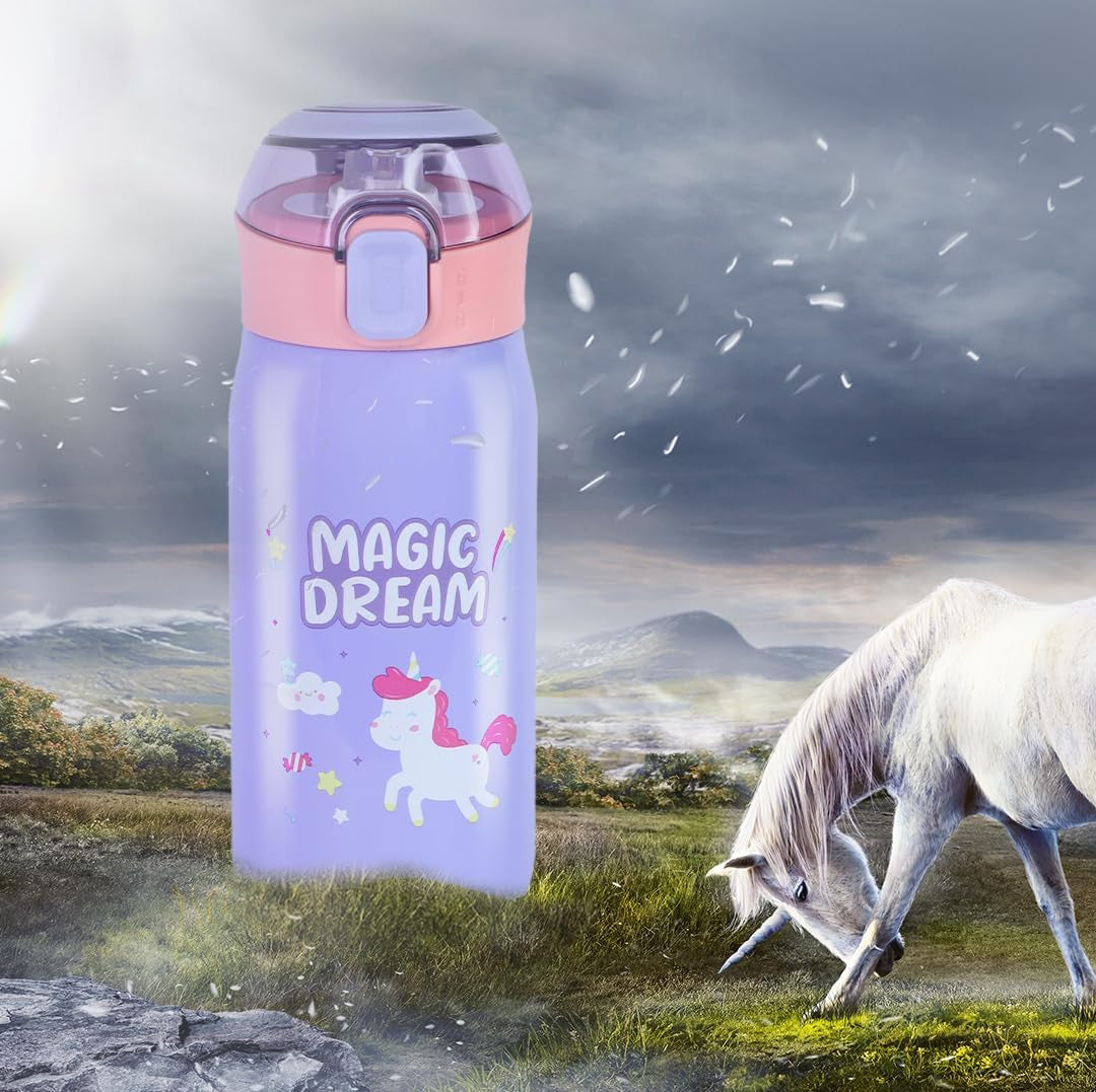 "Keep drinks perfectly warm or cool with this anti-leak insulated stainless steel sipper bottle for kids, adorned with an enchanting 'Magic Dream' unicorn design. Ideal for school and travel from uSmile.toys." www.usmile.toys