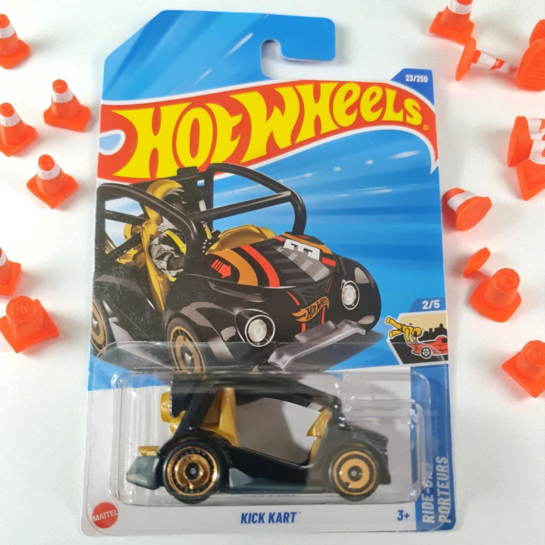 Hot Wheels kick kart toy in packaging with traffic cones on a white background