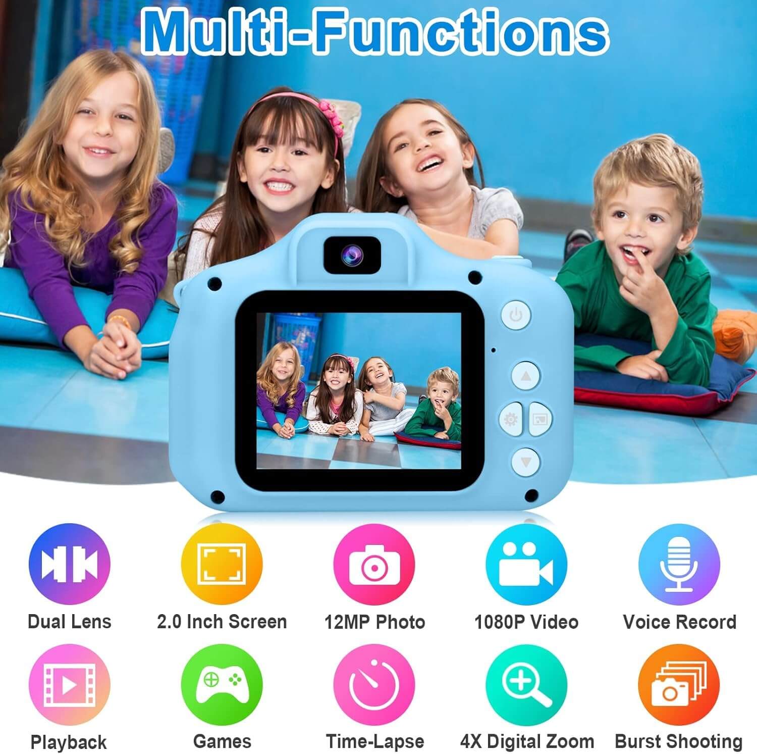 U Smile Toys kids digital camera in light blue with a 2-inch display, ideal for young photographers. www.usmile.toys