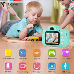 Durable blue digital camera for children with a vivid 2-inch screen, an engaging activity toy. www.usmile.toys