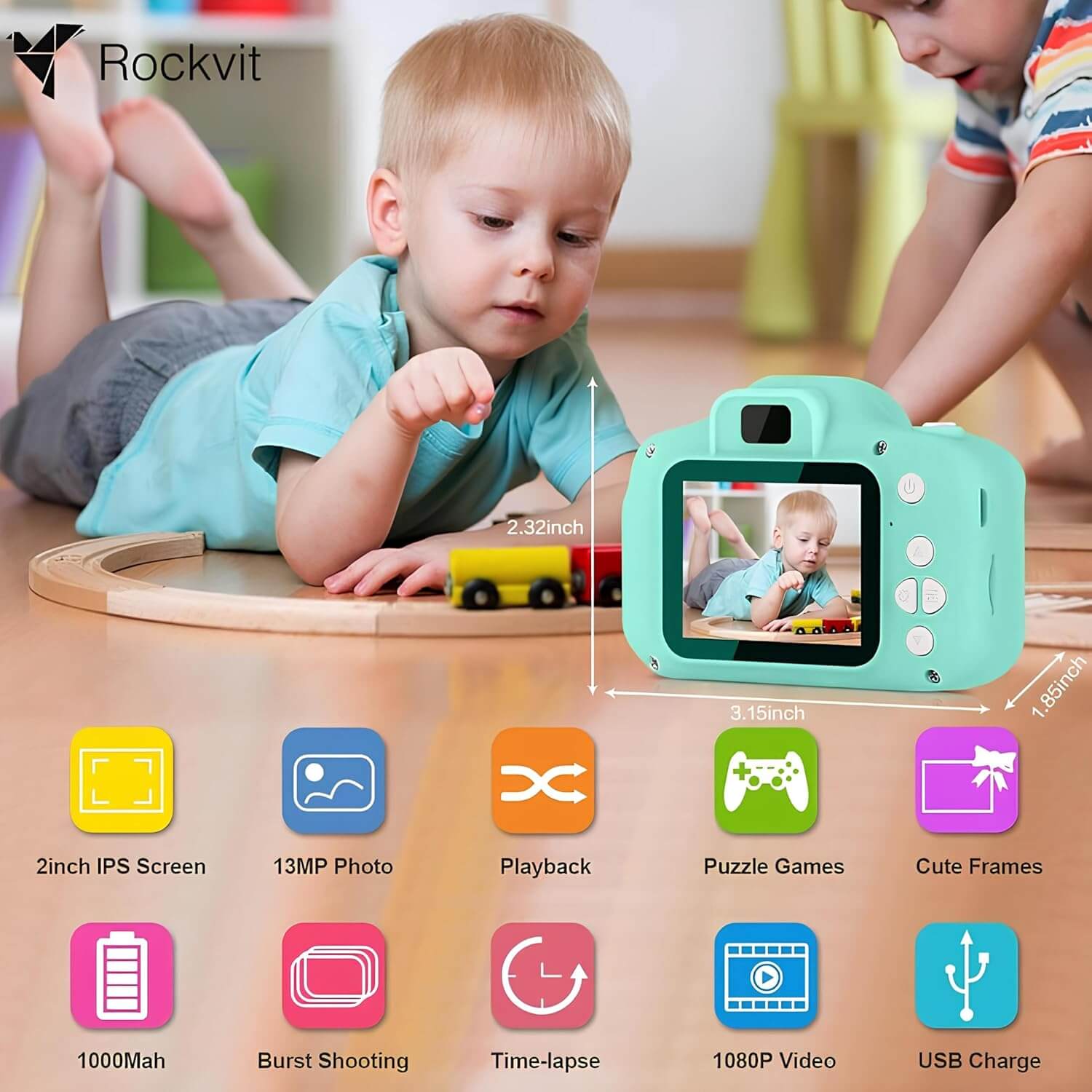 Durable blue digital camera for children with a vivid 2-inch screen, an engaging activity toy. www.usmile.toys
