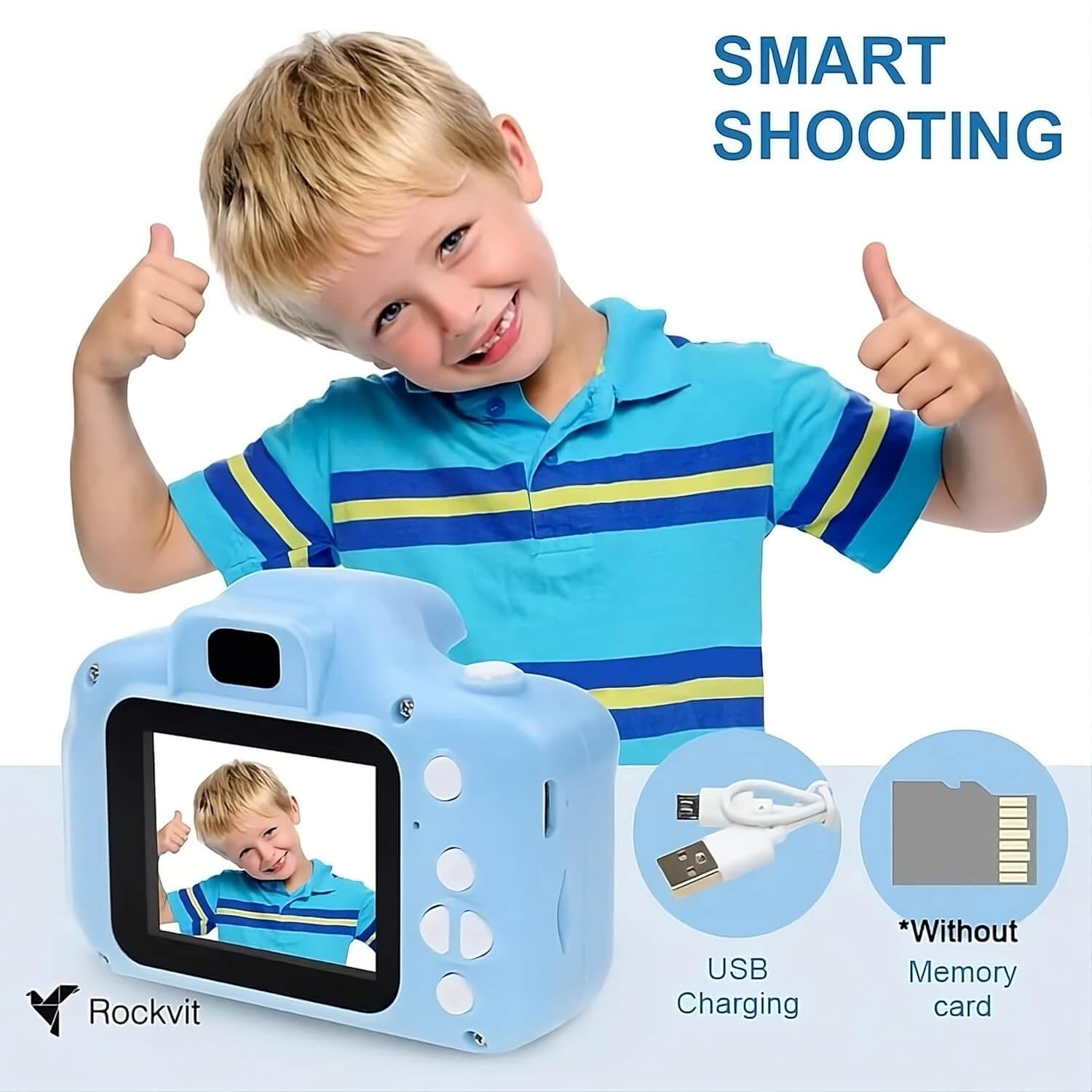 Child-friendly blue digital camera from U Smile Toys, designed as a fun activity toy with a bright 2-inch screen. www.usmile.toys