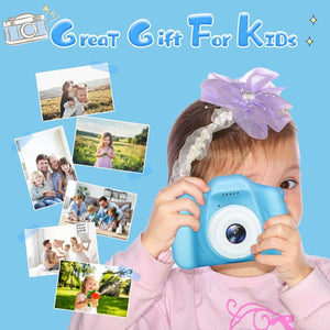 blue kids digital cameras, one showing kids on 2-inch screen, perfect activity toy. www.usmile.toys