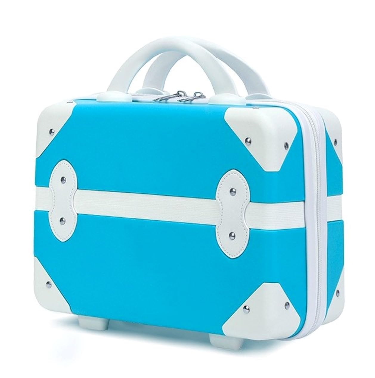 "Blue and white kids fashion cosmetic bag for travel, featuring a vintage-style trunk design with white handles and trim. Compact vanity case from www.usmile.toys"