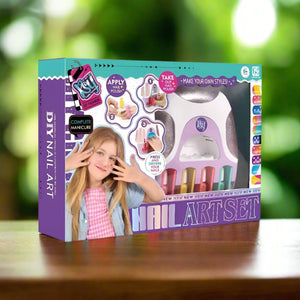 Colorful box for a Kids Nail Art Set by Usmile Toys, featuring a young girl, nail polish bottles, and a manicure tablet for DIY nail design." www.usmile.toys
