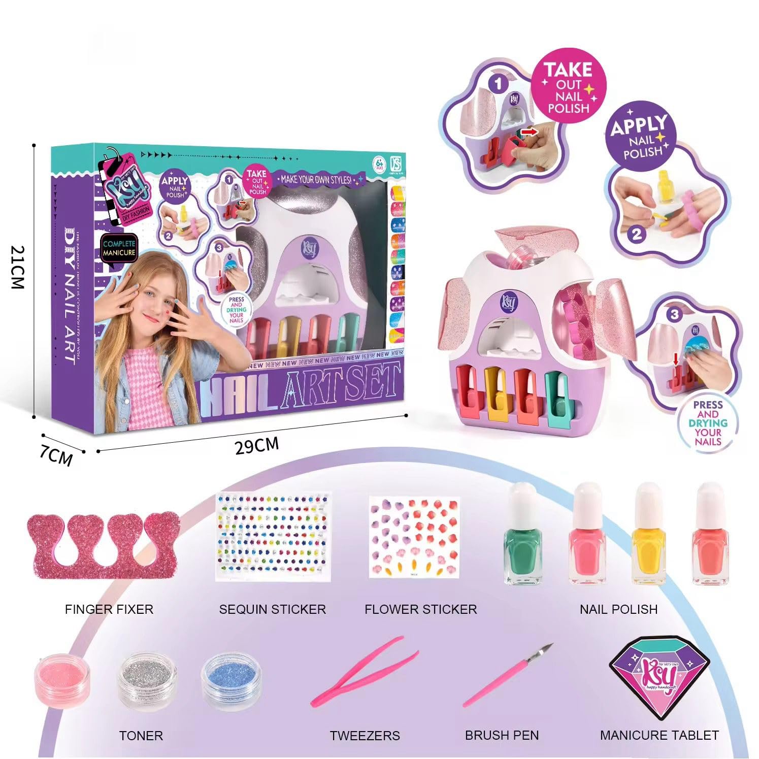 Front view of the Usmile Toys Kids Nail Art Set packaging, highlighting 'City Fashion' and instructions for applying, drying, and taking off nail polish." www.usmile.toys