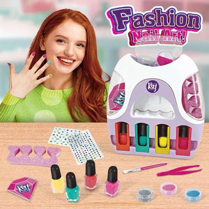 Usmile Toys 'DIY Nail Art Set' with a manicure tablet, offering a complete pretend play manicure experience for children, as shown on the product packaging." www.usmile.toys