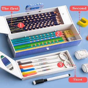 Pink suitcase-style pencil case with unicorn print and secure password lock, perfect for organizing stationery for kids. Includes a white board marker. Available at uSmile.toys." www.usmile.toys